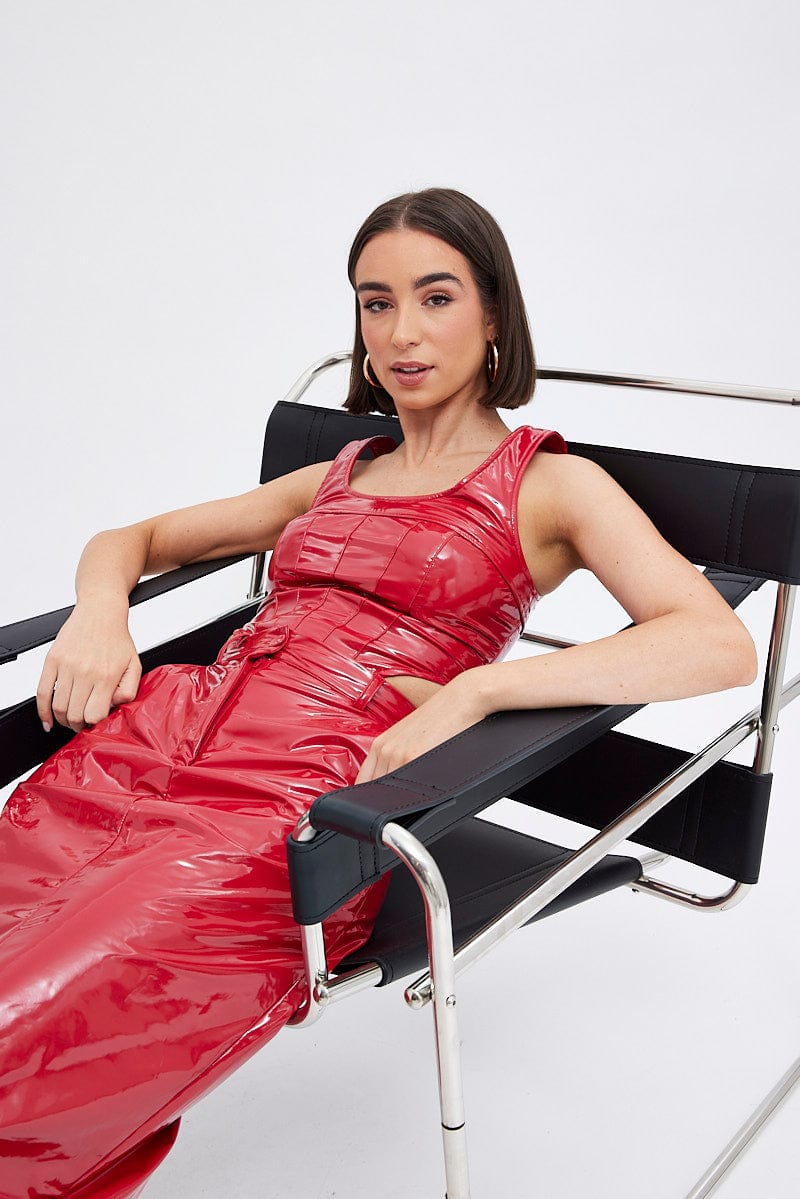 Red Corset Top Sleeveless Square Neck PU Patent - Image 3