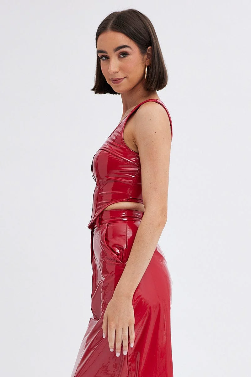 Red Corset Top Sleeveless Square Neck PU Patent - Image 4