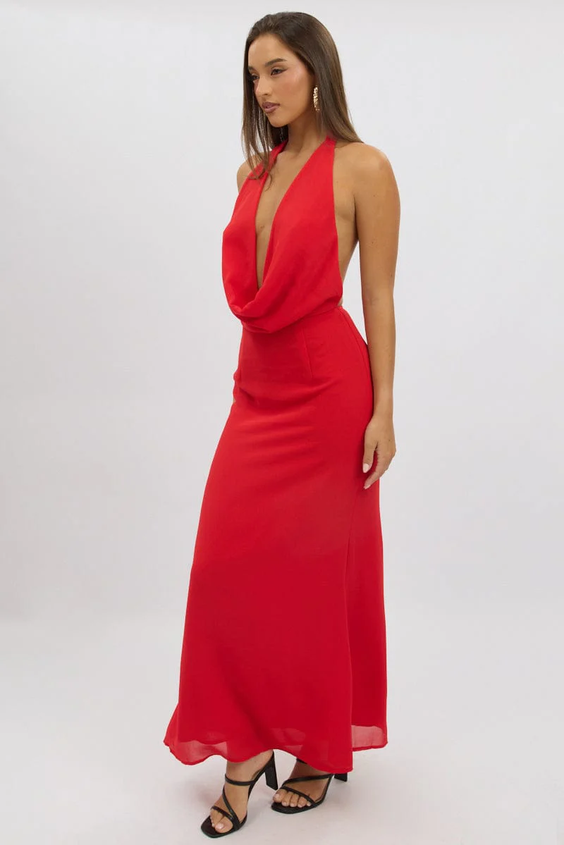 Red Cowl Neck Maxi Dress - Image 4