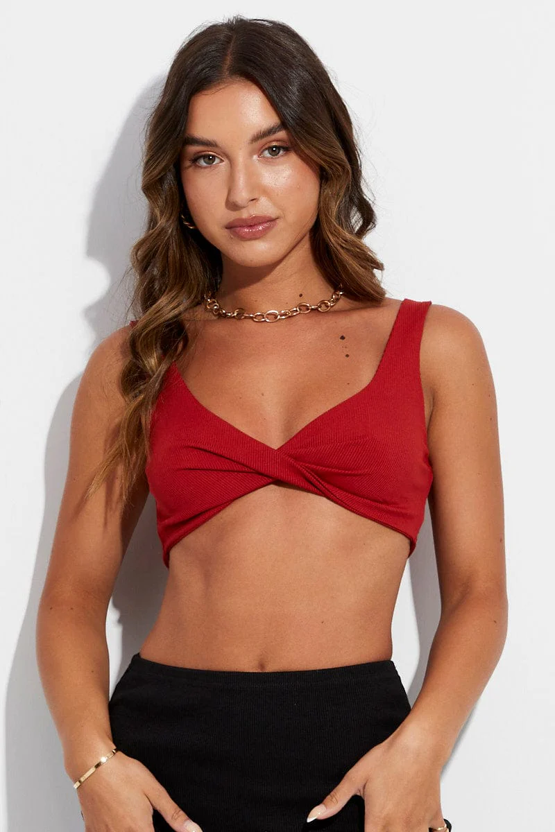Red Crop Top Sleeveless Sweetheart Twist Front Rib - Image 3