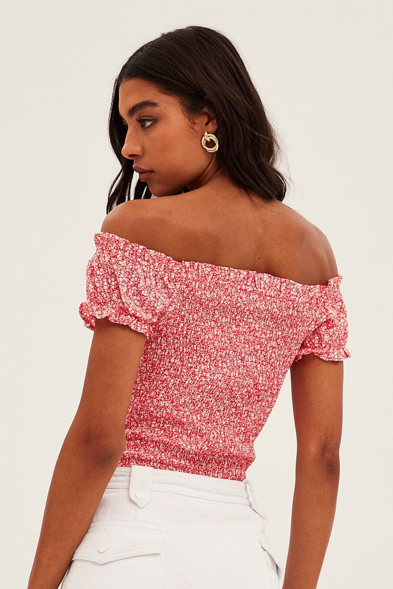 Red Ditsy Ditsy Print Puff Sleeve Tie Front Shirred Bodysuit - Image 5