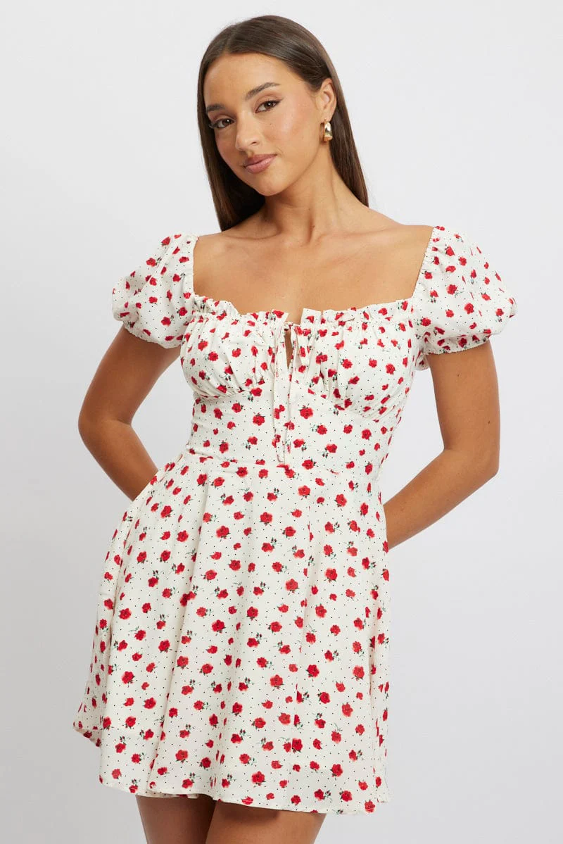 Red Ditsy Fit And Flare Dress Mini - Image 3