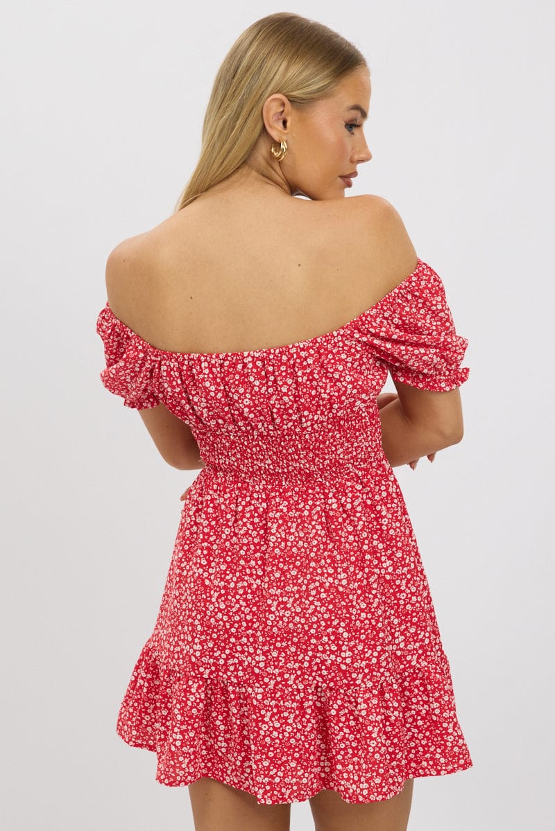 Red Ditsy Fit And Flare Dress Mini - Image 5