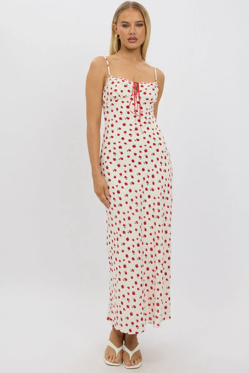 Red Ditsy Maxi Dress Lace Satin Tape - Image 3