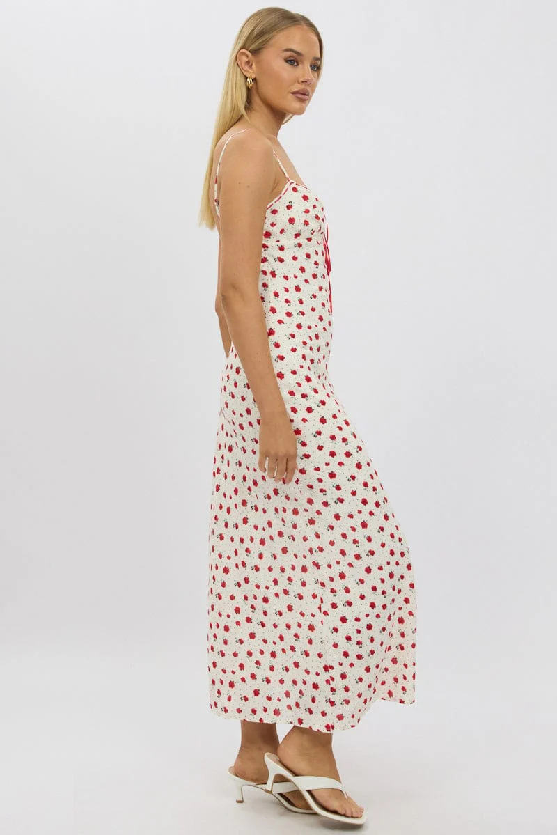Red Ditsy Maxi Dress Lace Satin Tape - Image 4
