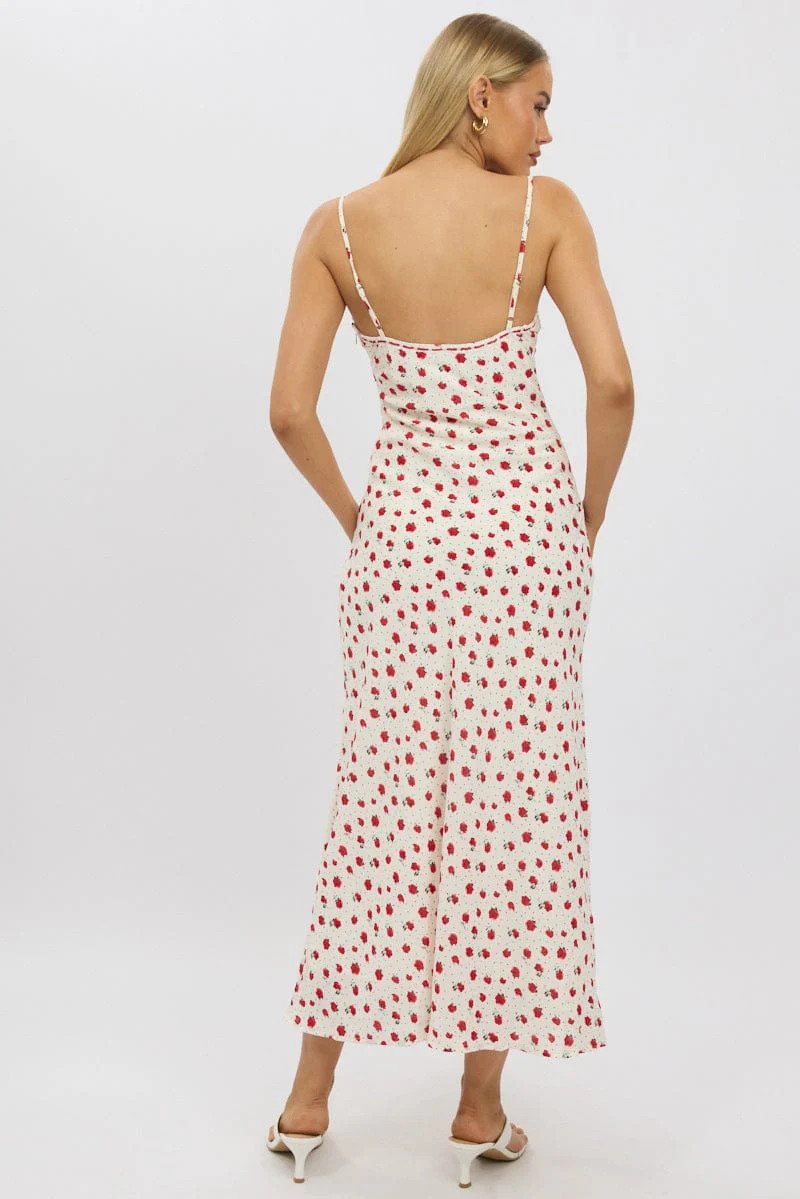 Red Ditsy Maxi Dress Lace Satin Tape - Image 5
