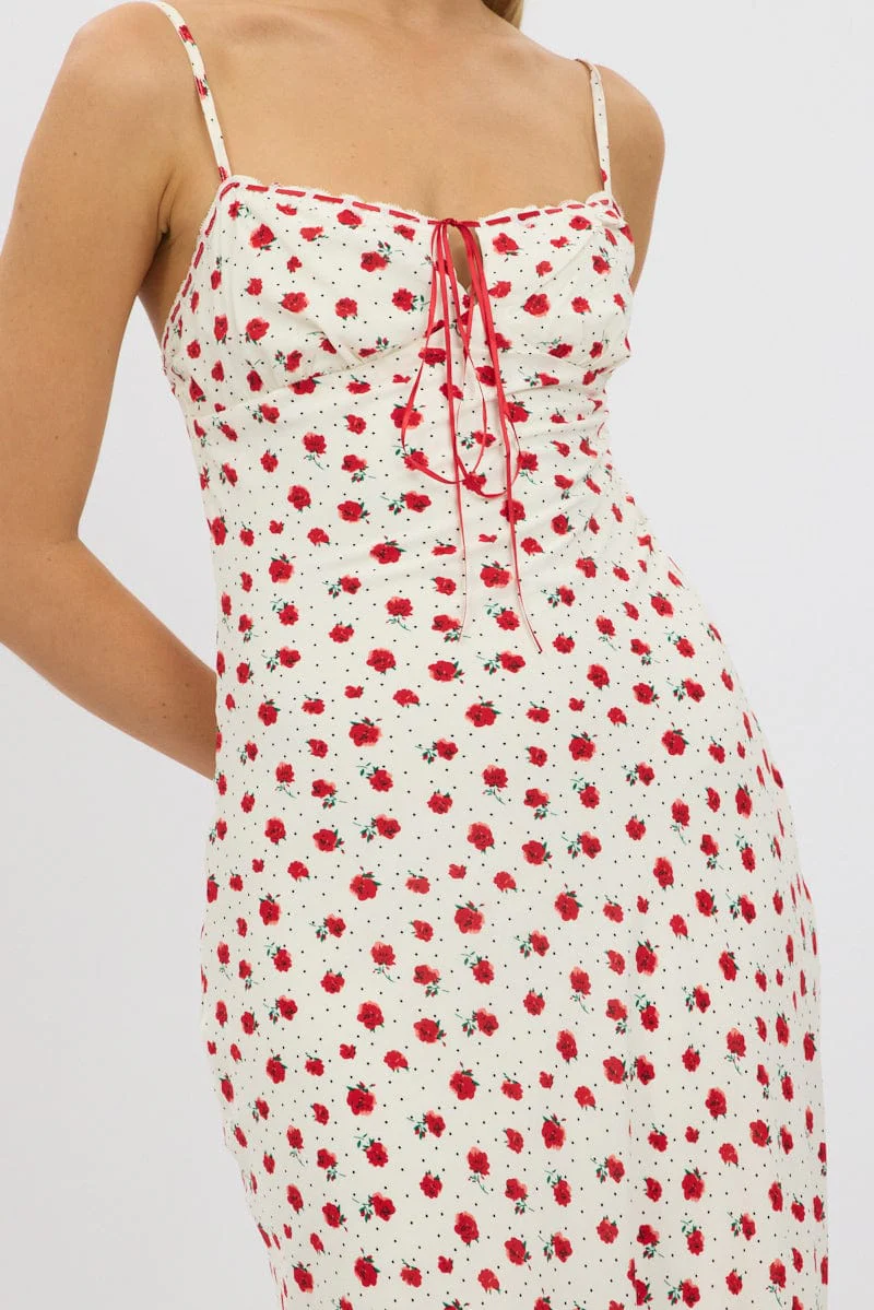 Red Ditsy Maxi Dress Lace Satin Tape - Image 6
