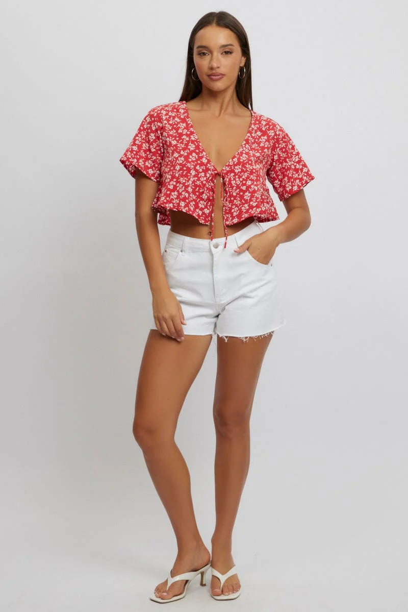 Red Ditsy Tie Up Top Short Sleeve Crop - Image 2