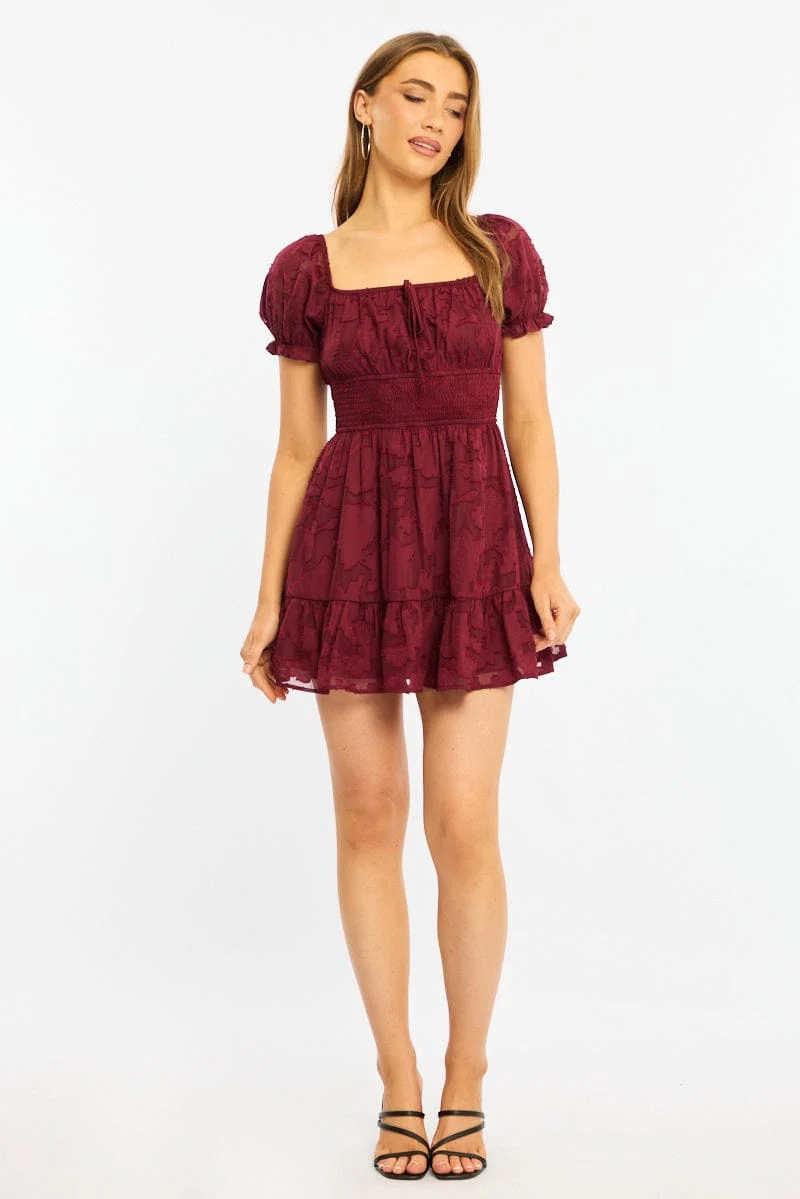 Red Fit And Flare Dress Puff Sleeve - Image 2