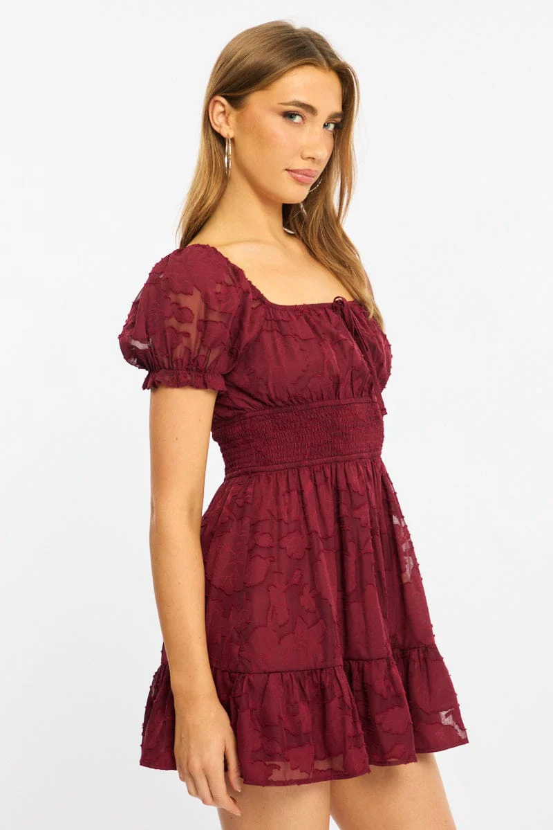 Red Fit And Flare Dress Puff Sleeve - Image 3