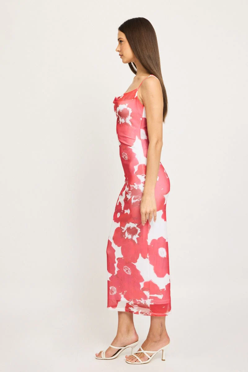 Red Floral Bodycon Dress Cowl Neck Maxi - Image 3