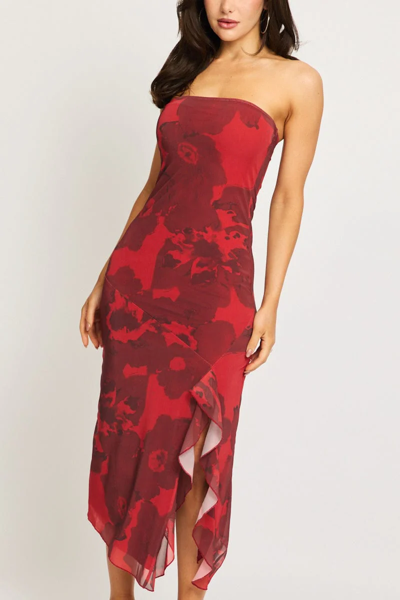 Red Floral Bodycon Dress Mesh Floral - Image 5