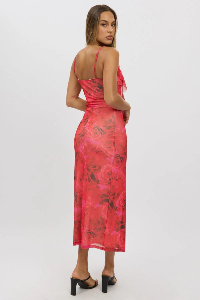 Red Floral Bodycon Dress Ruffle Mesh - Image 5