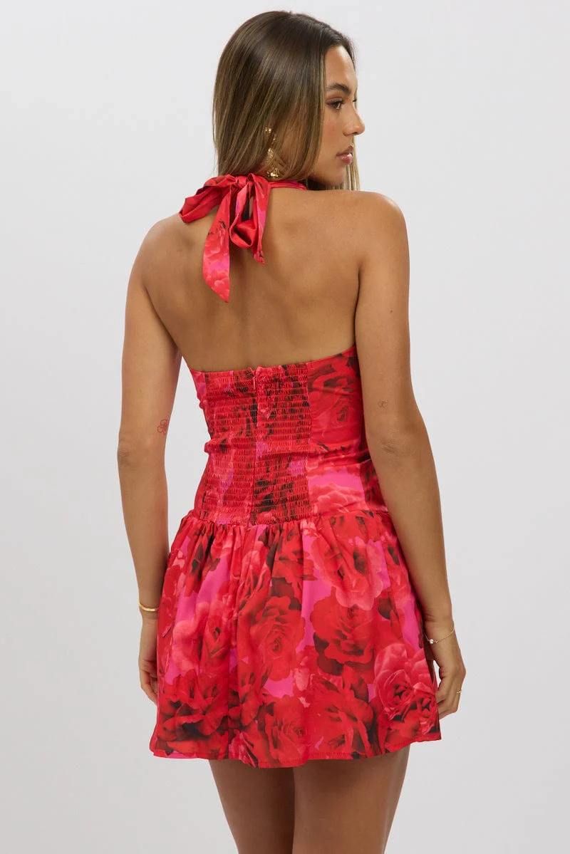 Red Floral Halter Neck Mini Dress - Image 5