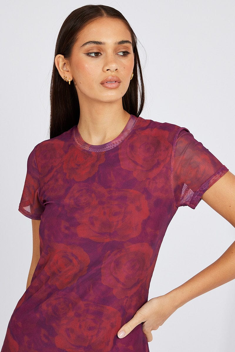 Red Floral Maxi Dress Short Sleeve Crew Neck Bodycon Mesh - Image 3