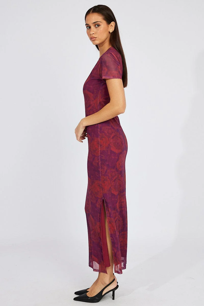 Red Floral Maxi Dress Short Sleeve Crew Neck Bodycon Mesh - Image 5