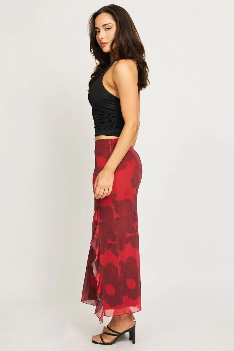 Red Floral Maxi Skirt High Rise Ruffled Frill Mesh - Image 4