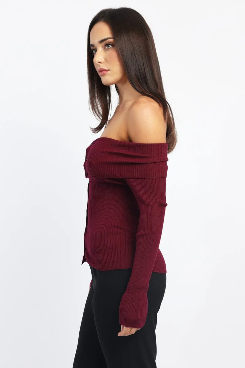 Red Knit Cardigan Long Sleeve Bardot - Image 3
