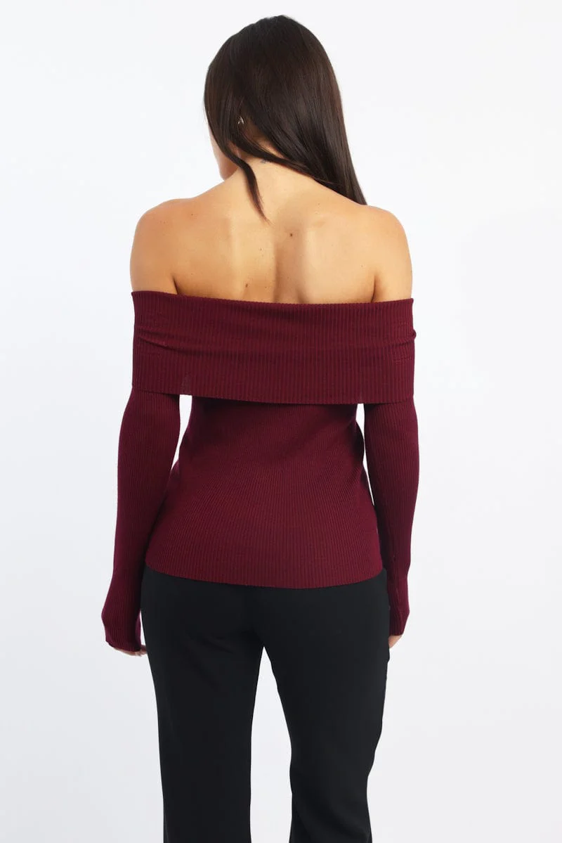 Red Knit Cardigan Long Sleeve Bardot - Image 4