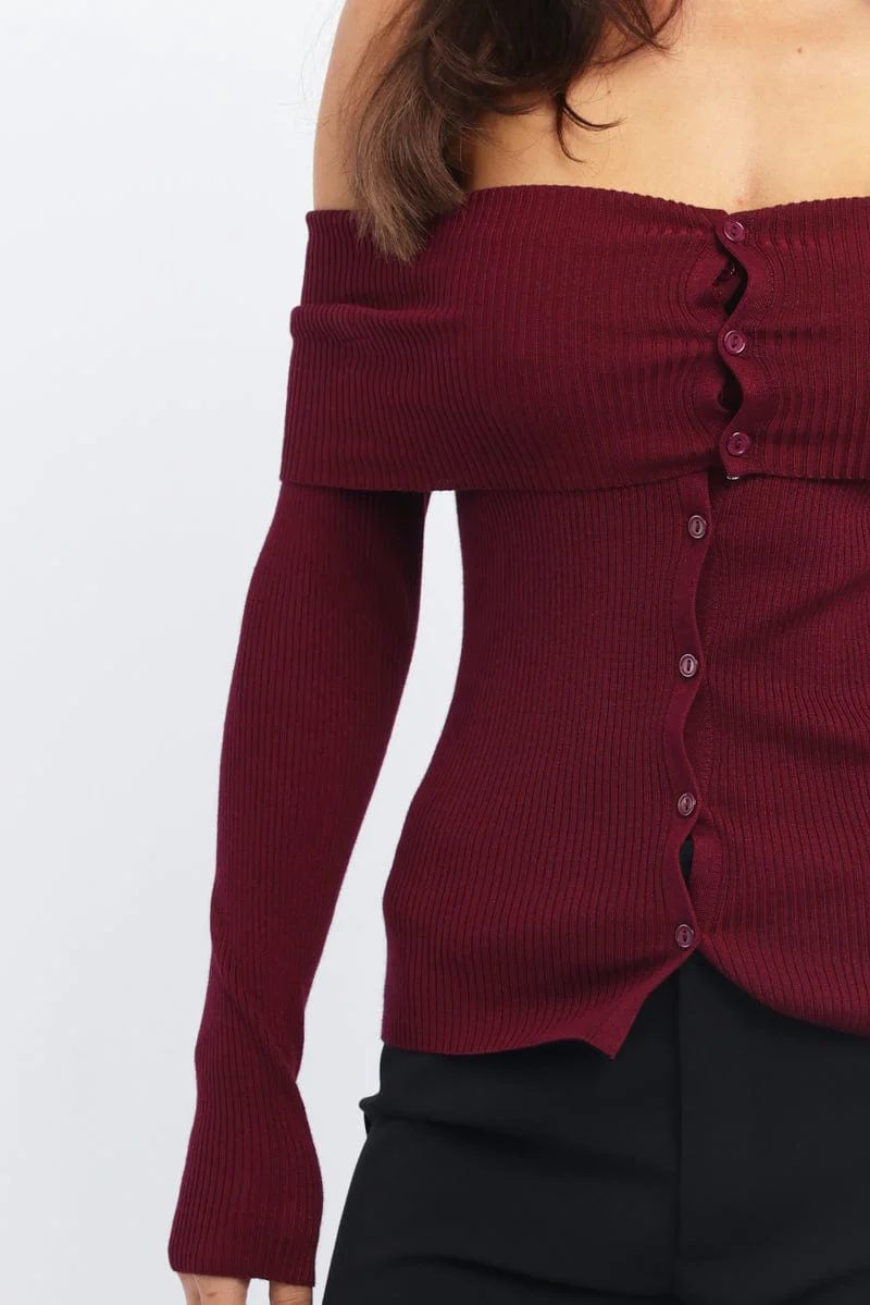 Red Knit Cardigan Long Sleeve Bardot - Image 5