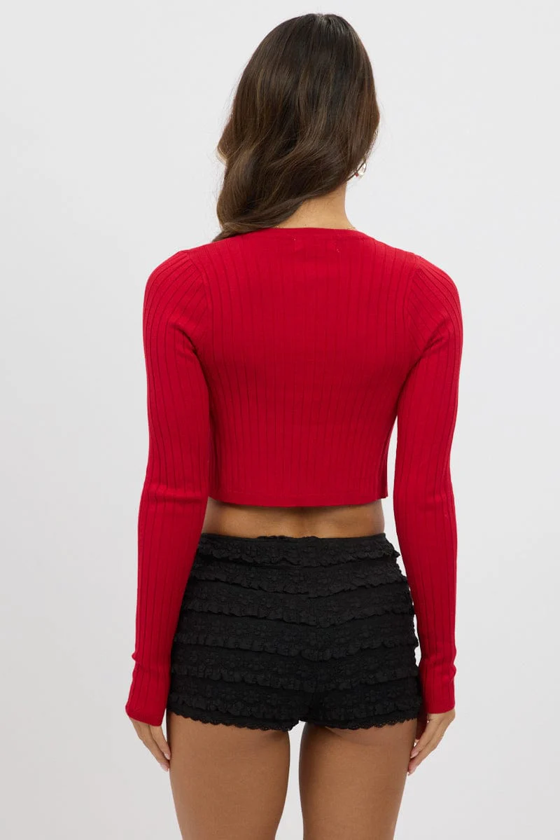 Red Knit Cardigan Long Sleeve Cropped - Image 5