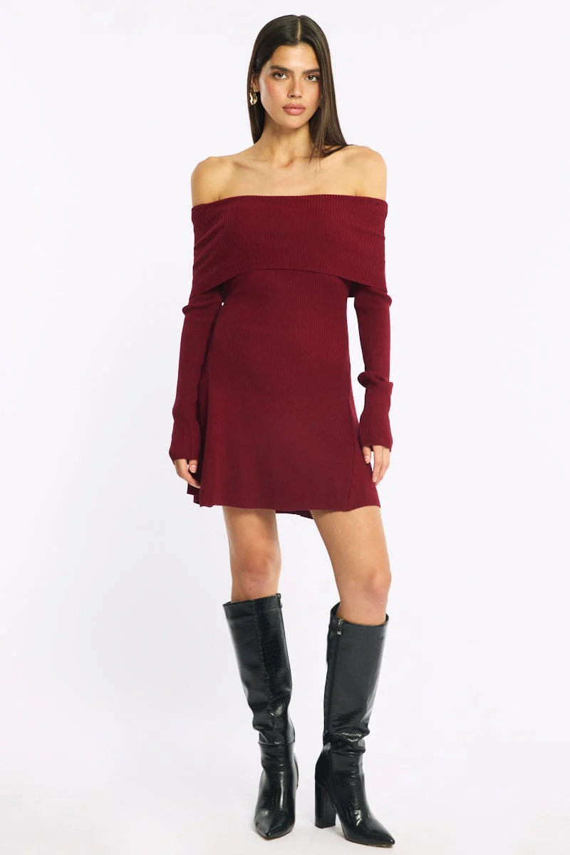 Red Knit Dress Long Sleeve Off Shoulder - Image 2