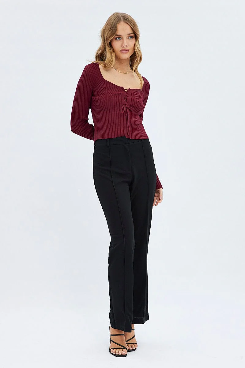 Red Knit Top Long Sleeve Lace Up Detail Ribbed - Image 2
