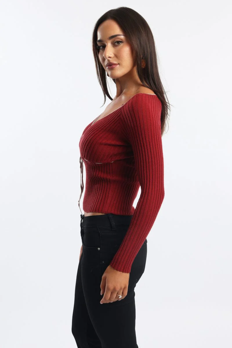 Red Knit Top Long Sleeve Wrap Front Contrast Ribbon - Image 3