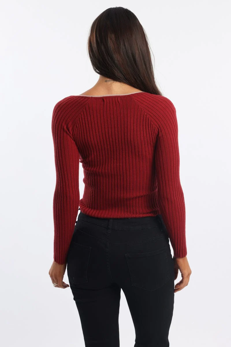 Red Knit Top Long Sleeve Wrap Front Contrast Ribbon - Image 4