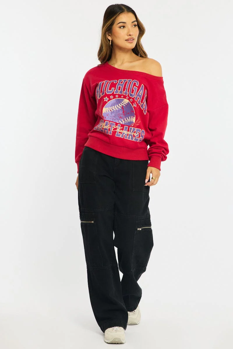Red Long Sleeve Off The Shoulder Graphic Sweater - Image 2
