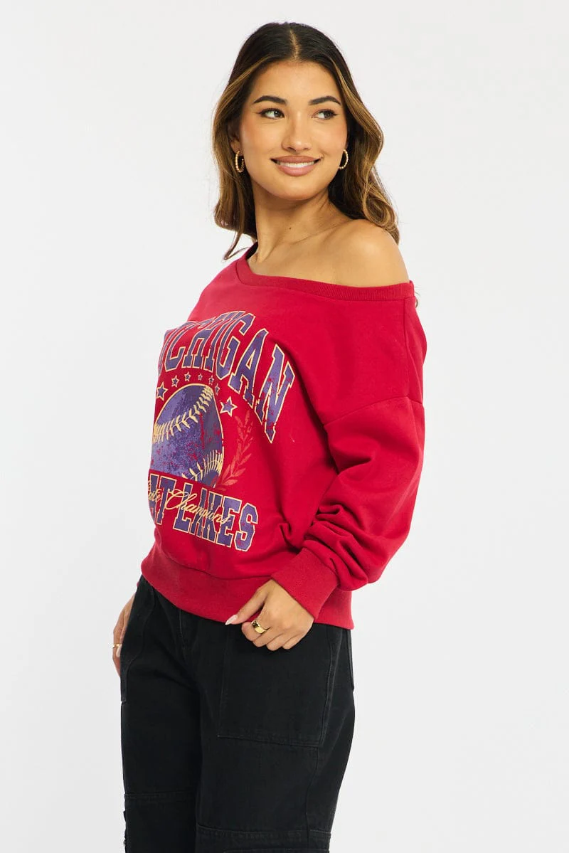Red Long Sleeve Off The Shoulder Graphic Sweater - Image 4