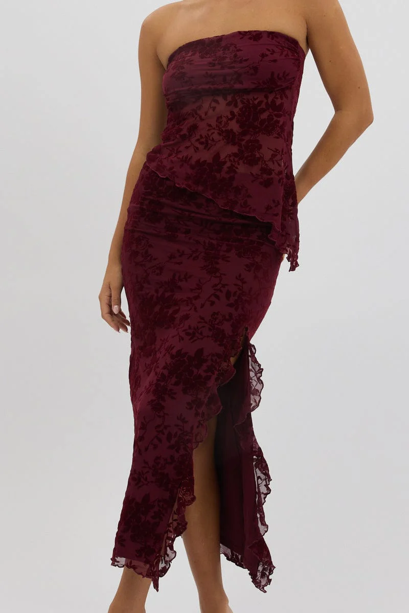 Red Maxi Skirt High Rise Ruffle Frill Hem Burnout - Image 3