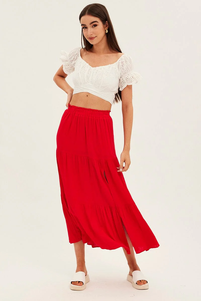 Red Maxi Skirt High Waist Split Tiered - Image 3