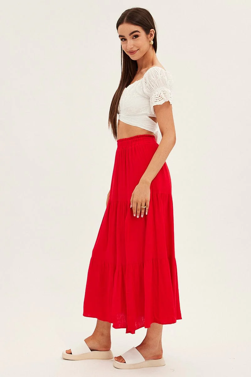 Red Maxi Skirt High Waist Split Tiered - Image 4