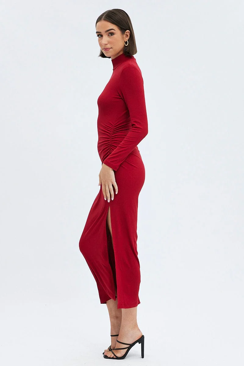 Red Midi Dress Long Sleeve High Neck Rib Jersey - Image 4