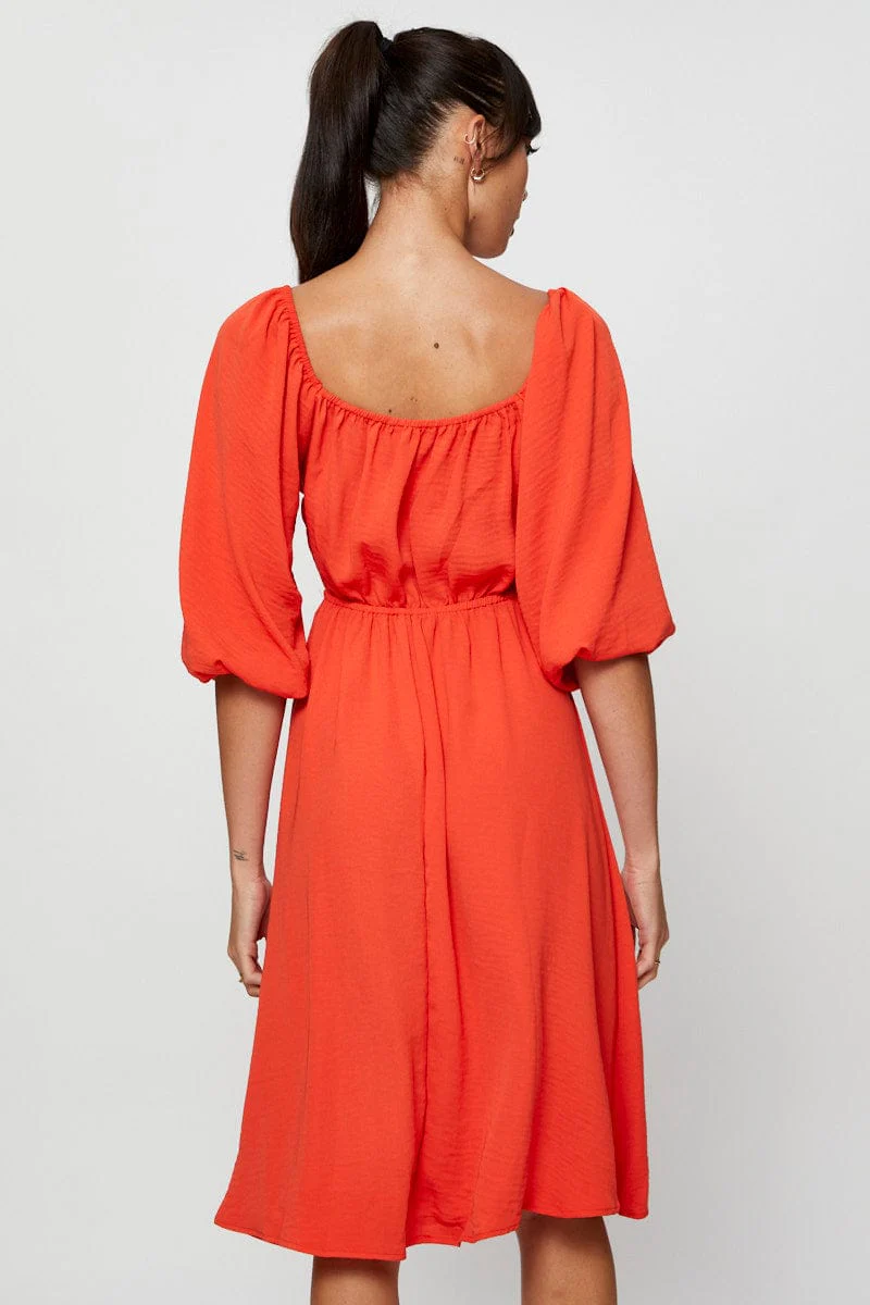 Red Midi Dress Short Sleeve Sweetheart Neckline - Image 5