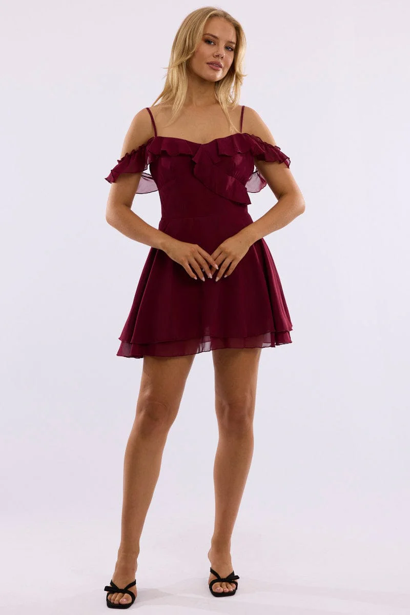 Red Mini Dress Ruffle Detail Chiffon - Image 2