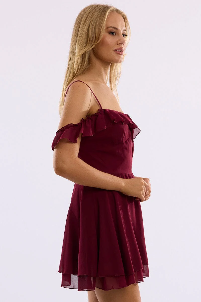 Red Mini Dress Ruffle Detail Chiffon - Image 3