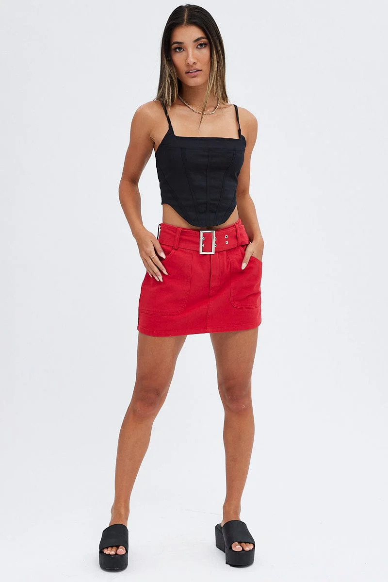 Red Mini Skirt Low Rise Belted Cotton Blend - Image 3