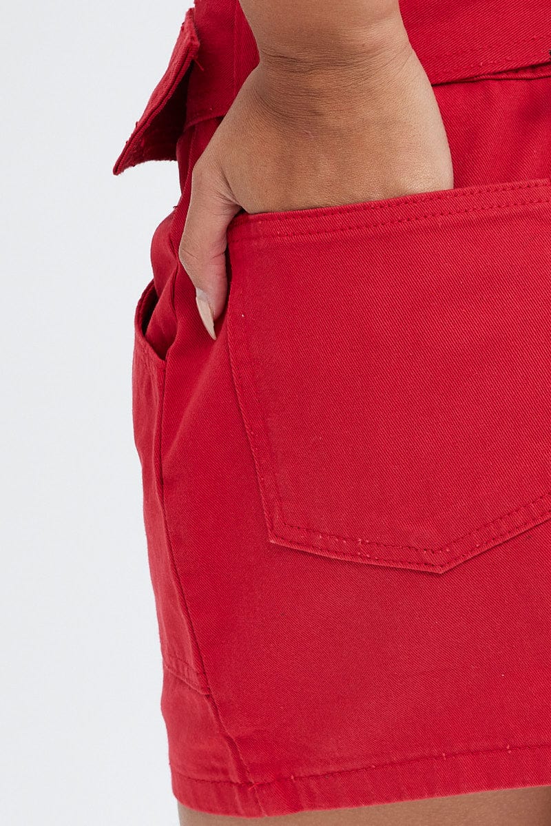 Red Mini Skirt Low Rise Belted Cotton Blend - Image 6