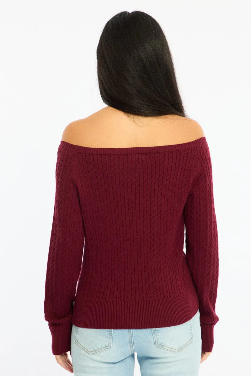 Red Off Shoulder Knit Jumper Cable Design - Image 4