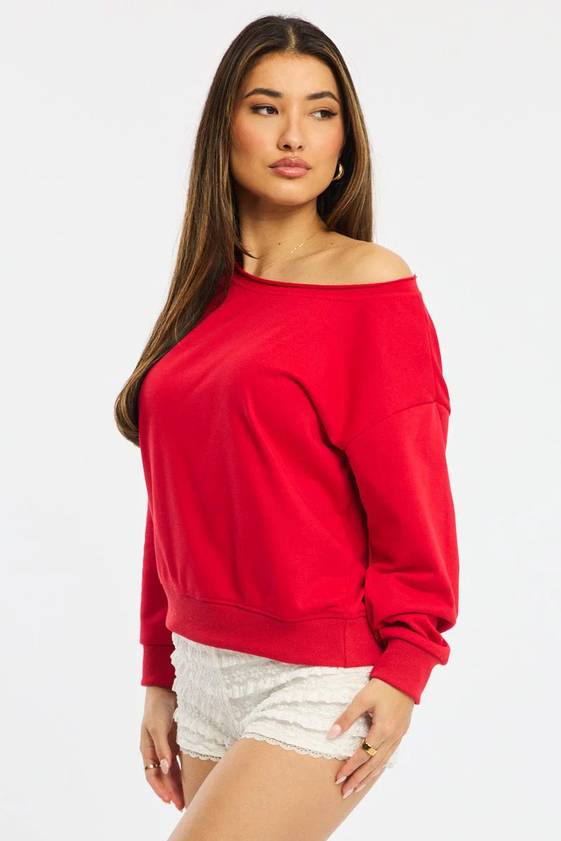 Red Off Shoulder Sweater Long Sleeve - Image 3