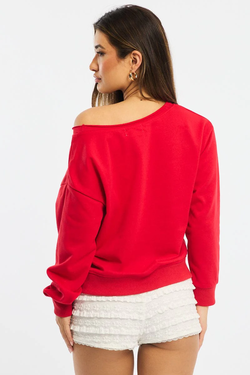 Red Off Shoulder Sweater Long Sleeve - Image 4