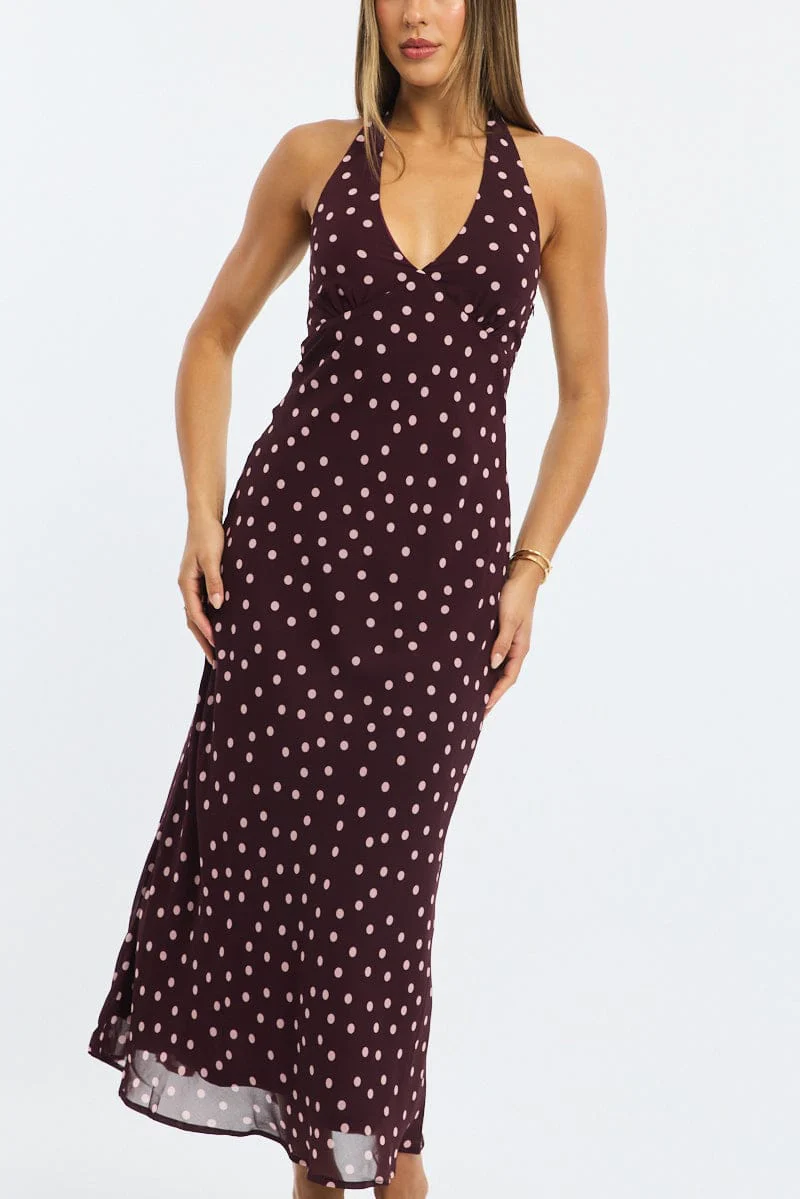 Red Polka Dot Midi Dress Halter Neck - Image 5