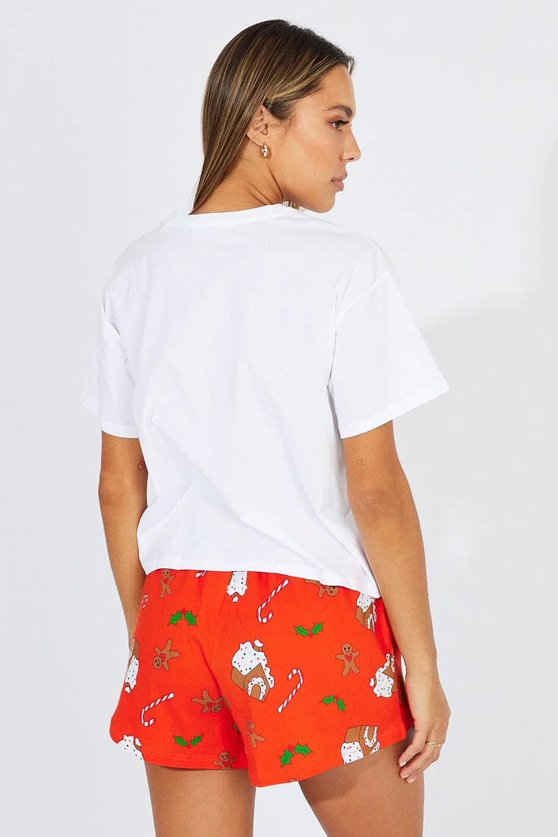 Red Print Graphic Pyjama Set Christmas Novelty Jersey PJ - Image 6
