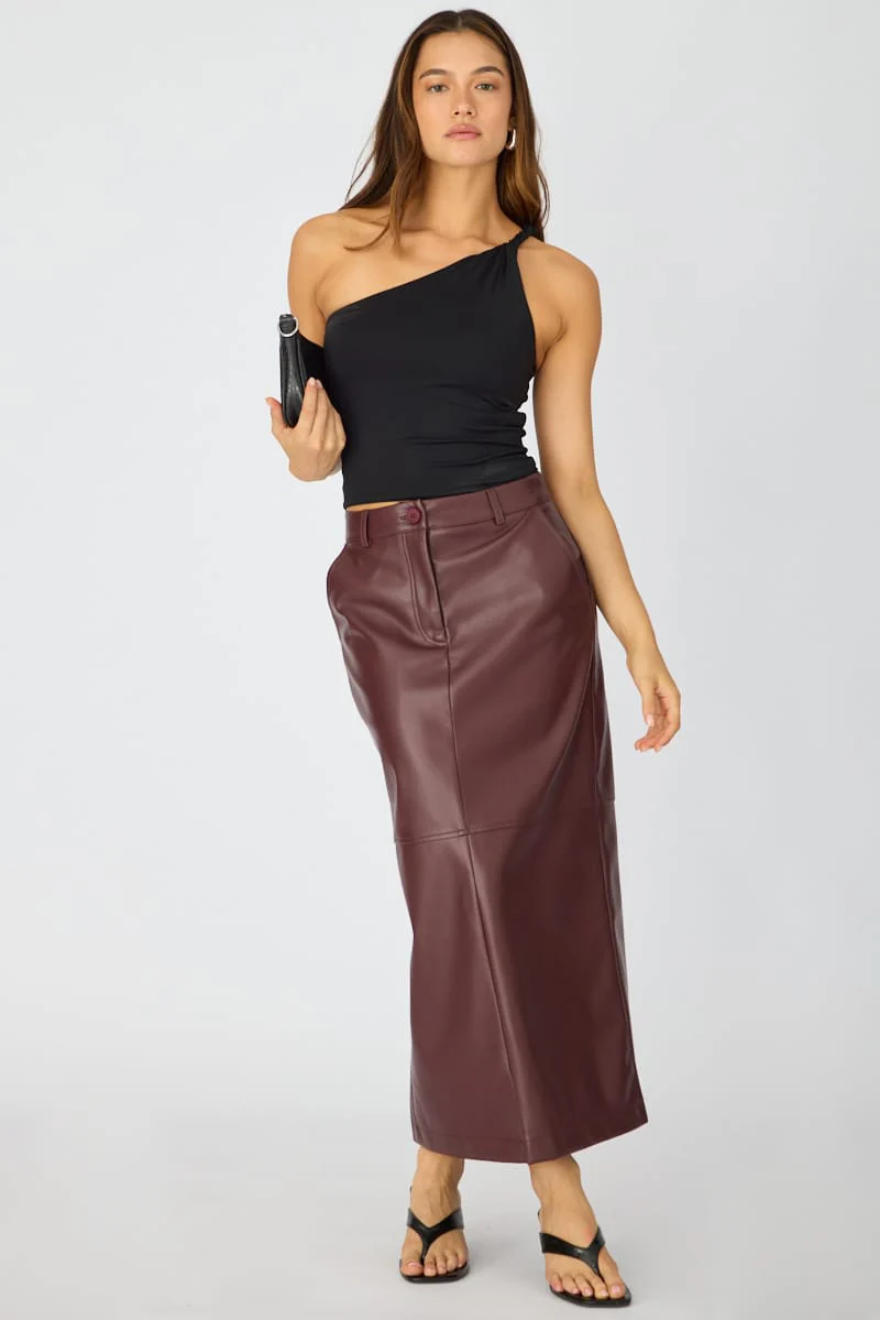Red Pu Maxi Skirt Pencil Back Slit Faux Leather - Image 5