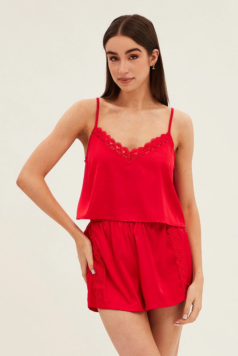 Red Pyjamas Set Sleeveless Cami Shorts Satin - Image 3