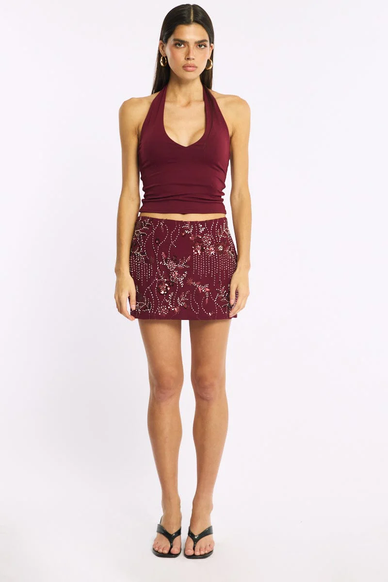 Red Sequins Mini Skirt Mid Rise Lined - Image 3