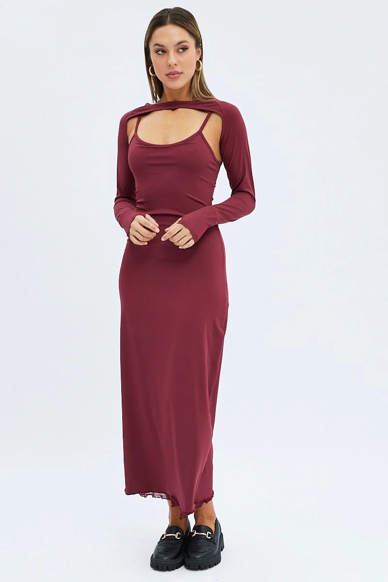 Red Shrug & Dress Set Long Sleeve Maxi Bodycon Jersey - Image 3