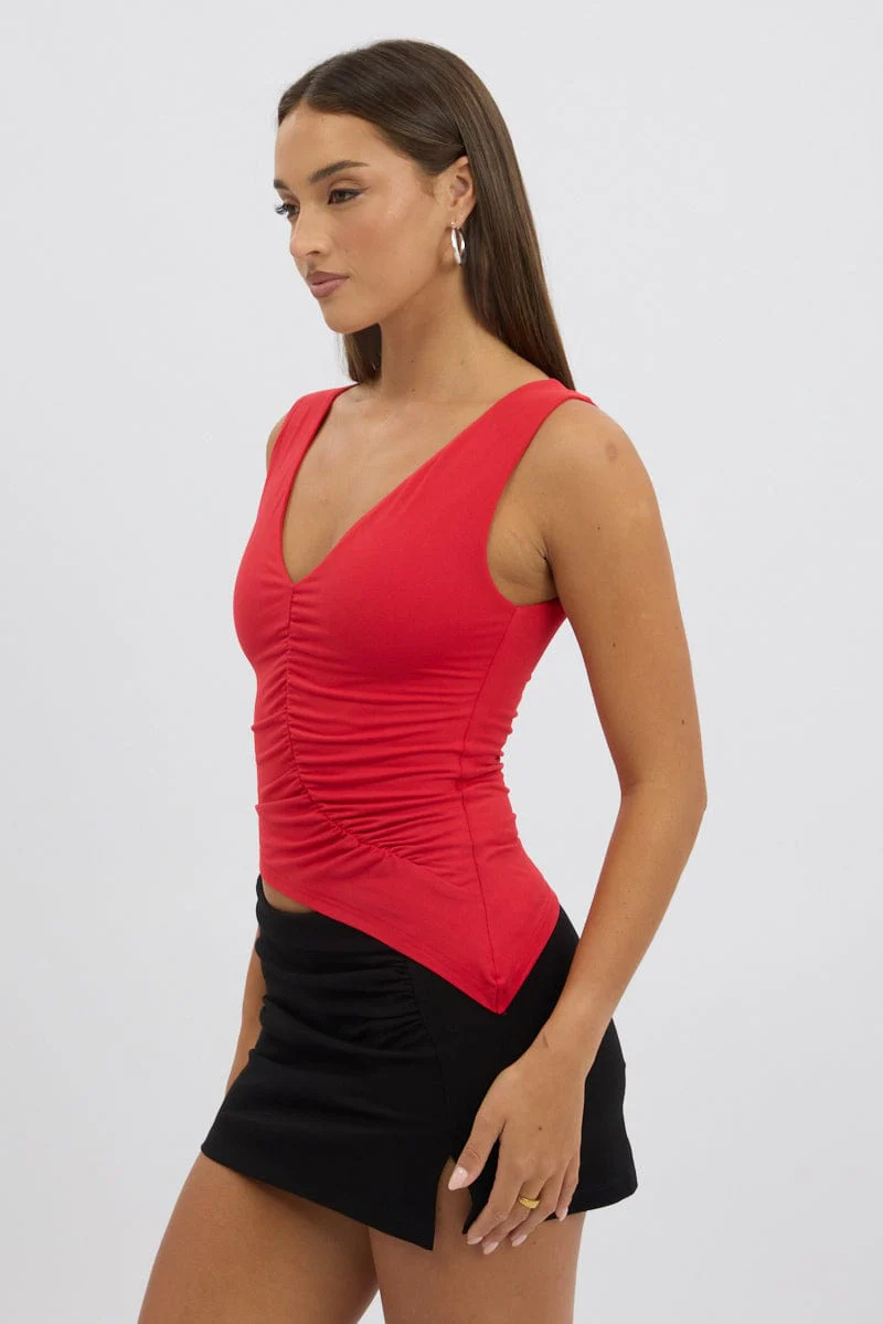 Red Sleeveless Top Asymmetric Hem - Image 4